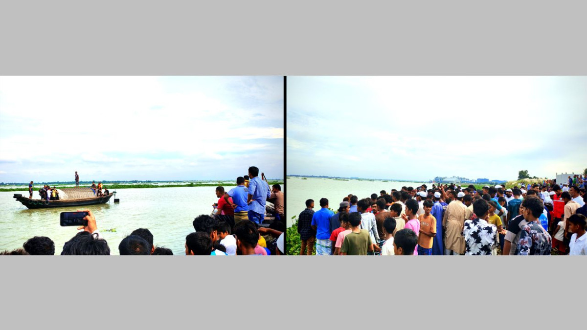 চলছে উদ্ধার অভিযান, (ডানে) নদীতীরে স্থানীয়দের ভিড়