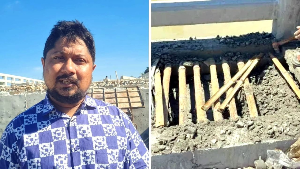 প্রকৌশলী কাজী ফাত্তাউর রহমান, (ডানে) ফুটপাতের স্ল্যাব ঢালাইয়ে রডের পরিবর্তে বাঁশ