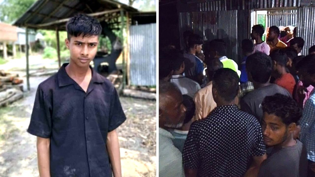 অভিযুক্ত ছেলে হাসানুর রহমান, (ডানে) নিহতের বাড়িতে স্থানীয় বাসিন্দা ও স্বজনদের ভিড়