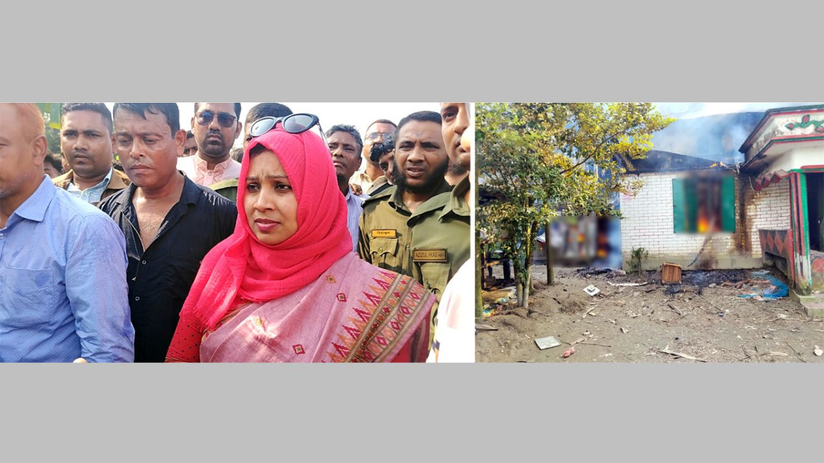 ঘটনাস্থলে উপস্থিত প্রশাসনের কর্মকর্তারা, (ডানে) অভিযুক্ত সালমার বাড়িতে আগুন