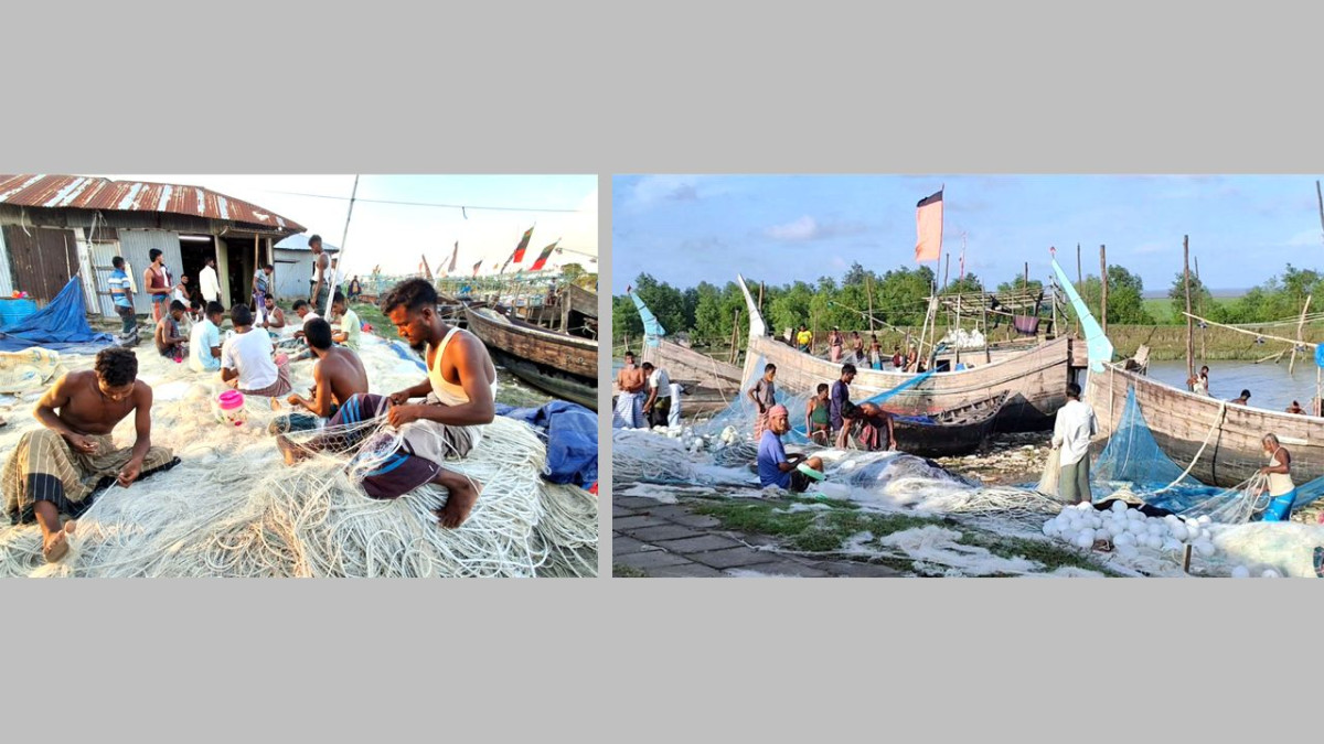 ইলিশ ধরায় নিষেধাজ্ঞা থাকায় জাল ঠিকঠাক করায় ব্যস্ত সময় পার করছেন জেলেরা